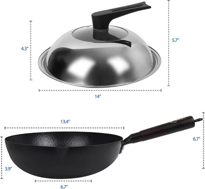 13.4 Inch Carbon Steel Wok for Electric, Induction and Gas Stoves (Lid, Spatula and User Guide Video Included)6