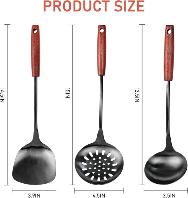 Wok Spatula and Ladle,Skimmer Ladle Tool Set, 17Inches Spatula for Wok, 304 Stainless Steel Wok Spatula,Black2