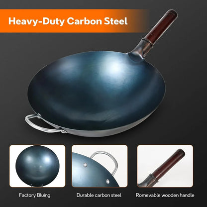 14 Inch Carbon Steel Wok with Lid, round Bottom Wok Pan, Blue Pre-Seasoned Chinese Stir Fry Pan for Open Flame Cooking, Large Traditional Pow Wok for BBQ, Grill, Camping, Home Cooking8
