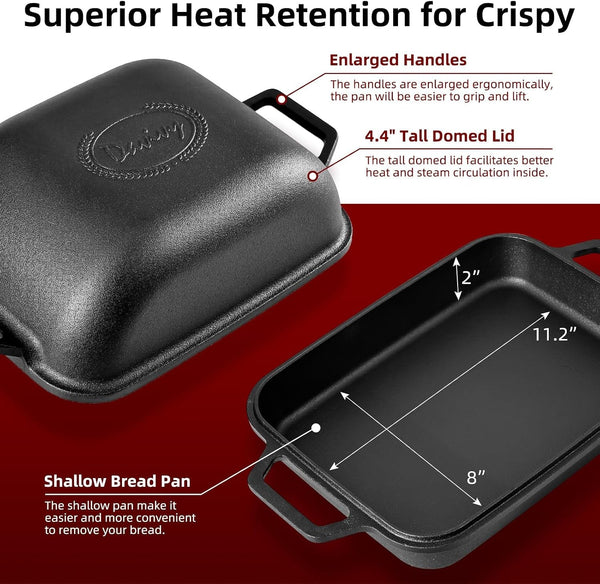 9QT Large Cast Iron Bread Loaf Pan with Lid, Dutch Oven for Sourdough Bread Baking, Non-Stick Cast Iron Sourdough Baking Pan with Lid, 12.3" X 9.2", Matte Black8