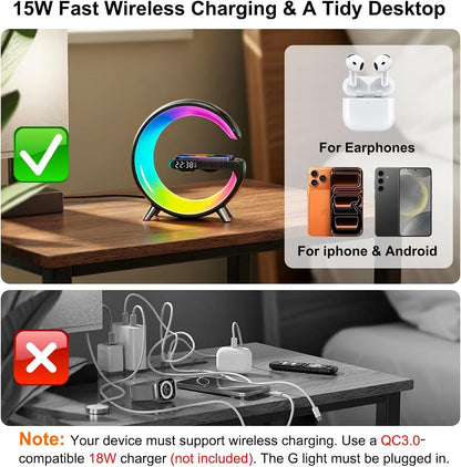 4 in 1 Smart LED Table Lamp, Alarm Clock, Bluetooth Speaker, Wireless Charger, App Control Night Light Bedside Lamp with Fast Charging Station for Bedroom, Home Decor, Family, Teen Girls Boys Gifts7