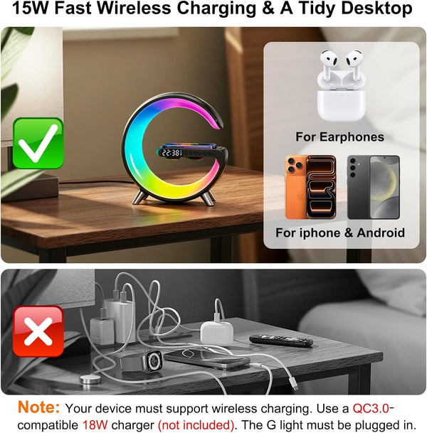 4 in 1 Smart LED Table Lamp, Alarm Clock, Bluetooth Speaker, Wireless Charger, App Control Night Light Bedside Lamp with Fast Charging Station for Bedroom, Home Decor, Family, Teen Girls Boys Gifts7