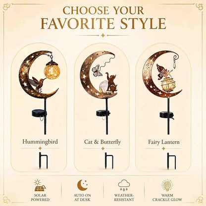 Hummingbird Moon Solar Garden Stake Light Outdoor, IP65 Waterproof Metal Pathway Decor Lamp with Crackle Glass Globe, Warm White Starry Illumination for Yard Patio Lawn (Cat & Butterfly)6