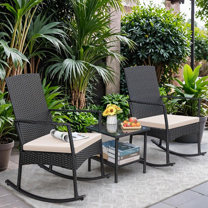 3 Pieces Patio Furniture Set Outdoor Wicker Rocking Chairs,Beige2