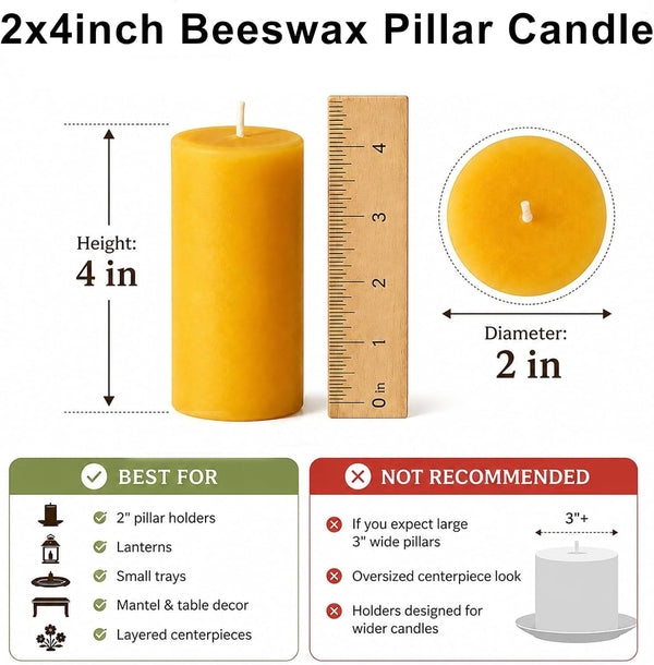 2 Pack Beeswax Pillar Candles,Non-Toxic 2X4 Inch Candle,35 Hour,Yellow3