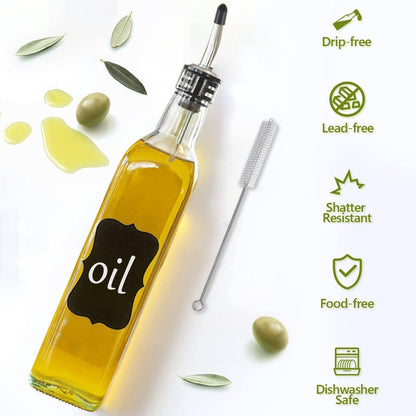 Olive Oil Dispenser, 17Oz/500Ml Square Tall Glass Container with 2 Stainless Steel Pourers, 2 Labels, 1 Brush and 1 Funnel for Kitchen3