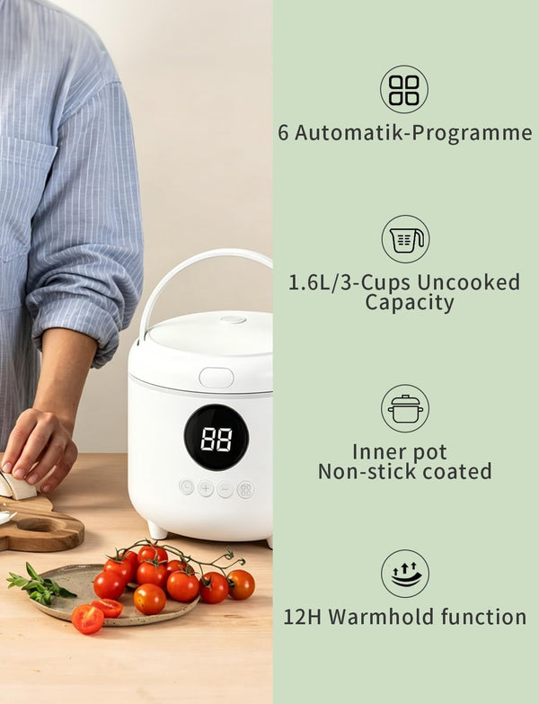 Small Rice Cooker, 3-Cups Uncooked/ 6-Cups Cooked, White | Multifunctional 6 Intelligent Cooking Modes for White Rice, Quinoa, Oatmeal, 1.6L Capacity2