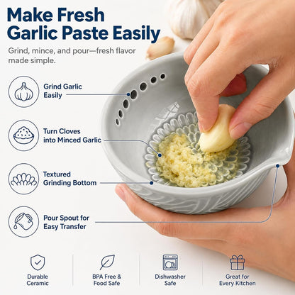 Garlic Grater Herb Stripper Ceramic Bowl - 3 in 1 Garlic Grater Plate,9 Oz3