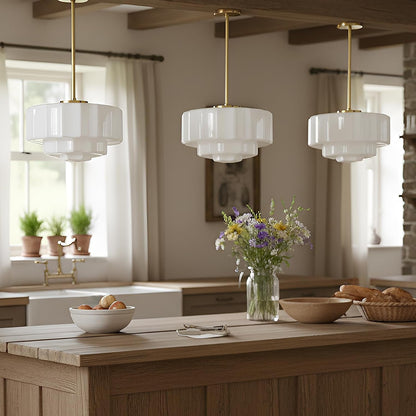 Vintage Milk Glass Pendant Lights, 13.7" White Art Deco Chandelier, Semi-Flush Mount Ceiling Light for Bedroom, Foyer, Living Room, Bar Counter, Contains Three E12 Bulbs (Gold, 13.7Inch)2