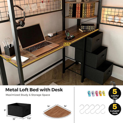 Loft Bed with Desk and Stairs, Headboard, Outlet (Black, Full)5