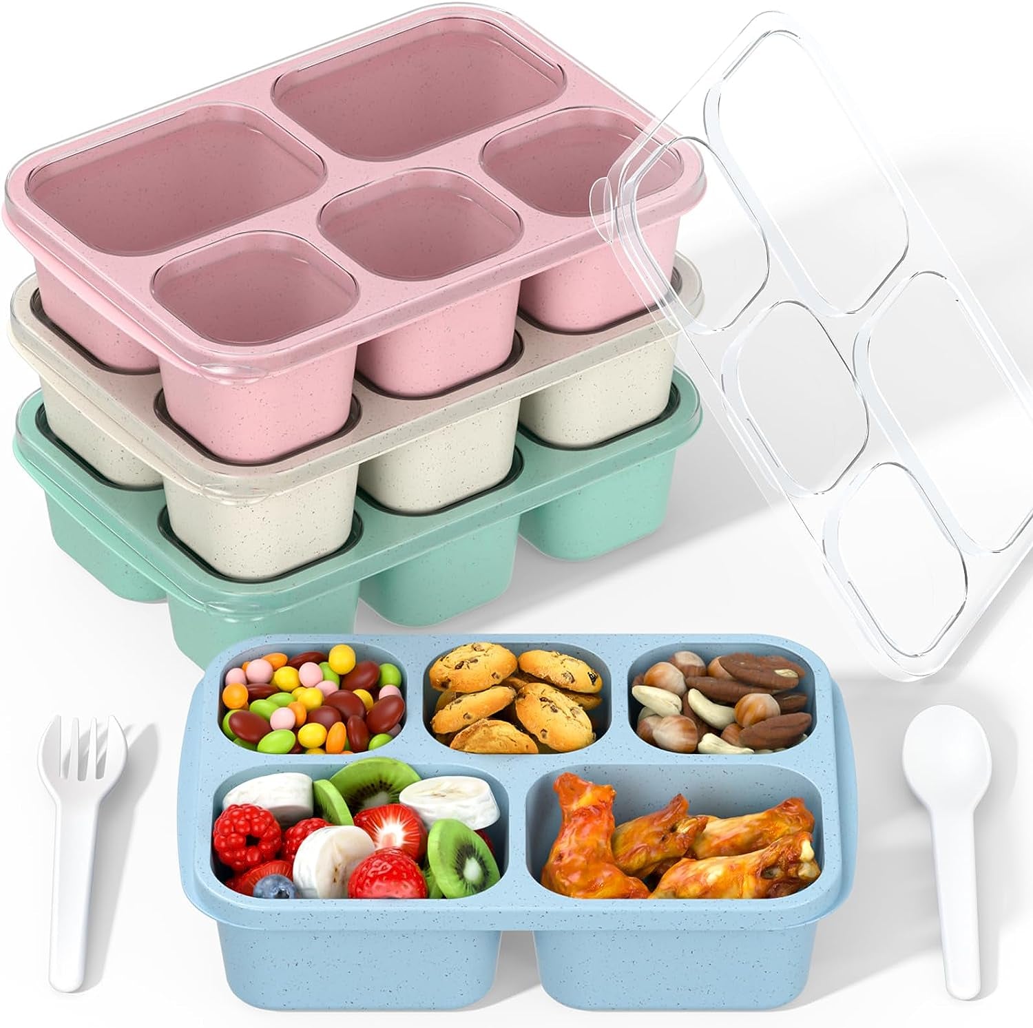 bento-box-adult-lunch-box-4-pack-5-compartment-meal-prep-container-for-kids-reusable-food-storage-snack-containers-stackable-for-school-work-and-travel-wheatgreen-blue-pink-beige