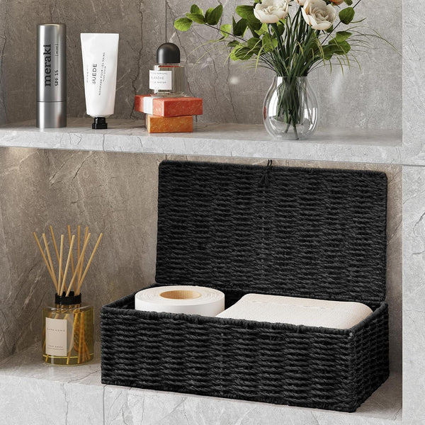 Wicker Shelf Baskets with Lid, Set of 2 Handwoven Wicker Storage Baskets for Shelves, Rectangular Storage Bins with Lids, Decorative Storage Boxes, Small Wicker Baskets for Organizing, Black5