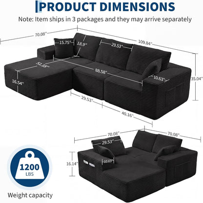 110" Boneless Cloud Sectional Couch for Living Room, L Shaped 3 Seater Modular Corduroy Sofa with Chaise, Deep Seated Oversized Boneless Couches, Compressed Sofa in a Box, No Assembly, Black2