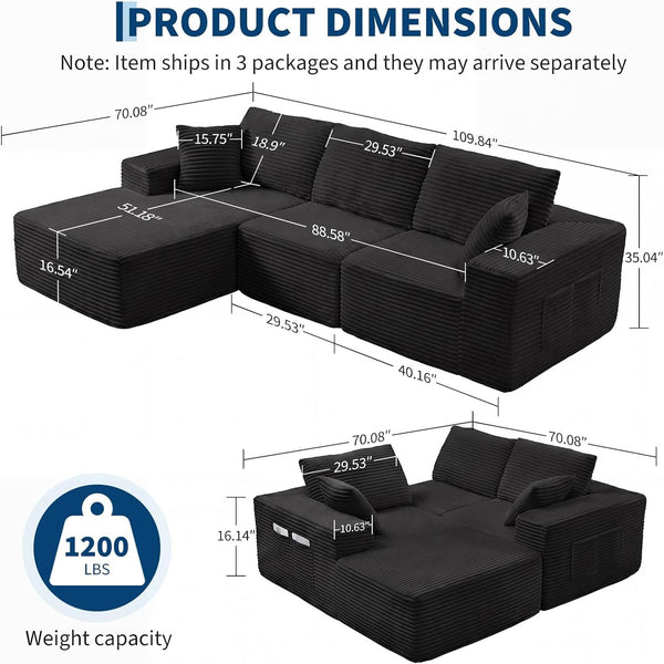 110" Boneless Cloud Sectional Couch for Living Room, L Shaped 3 Seater Modular Corduroy Sofa with Chaise, Deep Seated Oversized Boneless Couches, Compressed Sofa in a Box, No Assembly, Black2