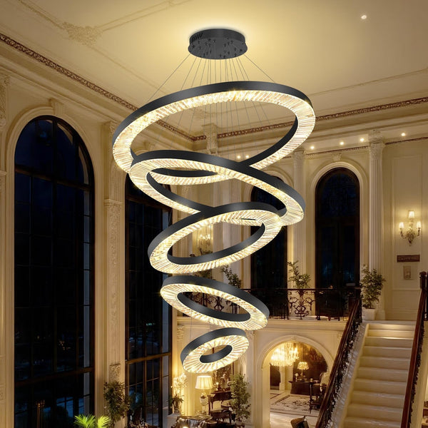 Large 5 Ring Chandelier Modern Dimmable Led Ring Chandeliers for Living Room Dining Room Height Adjustable Black round Crystal Pendant Lighting MAX D48In5