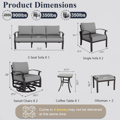 Aluminum Patio Furniture Set with 2 Swivel Chairs 9-Seat Metal Outdoor Furniture Patio Sectional Sofas Patio Conversation Set W/2 Ottomans for Patio, Backyard, Poolside-Grey2