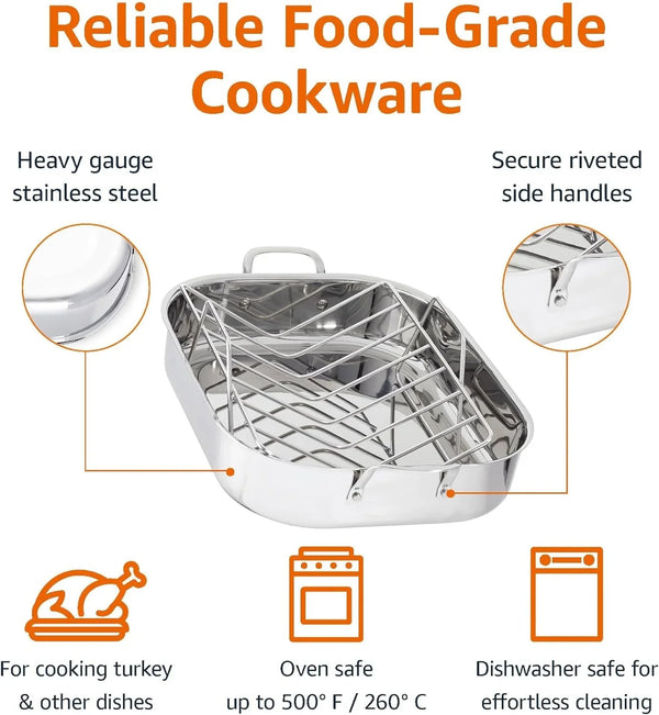 Stainless Steel Rectangular Roasting Pan with Rack, Turkey Roaster, Dishwasher Safe, Easy to Clean, Oven Safe, 16 In2