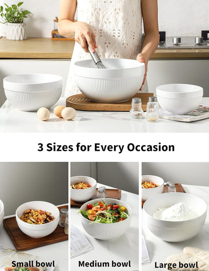 Large Ceramic Mixing Bowls, White Kitchen Bowls (1QT/2.3QT/4.6QT), Set of 3 Nesting Bowls for Baking, Cooking, Serving, Prepping, Dough Bread Making Bowl, Microwave and Dishwasher Safe4