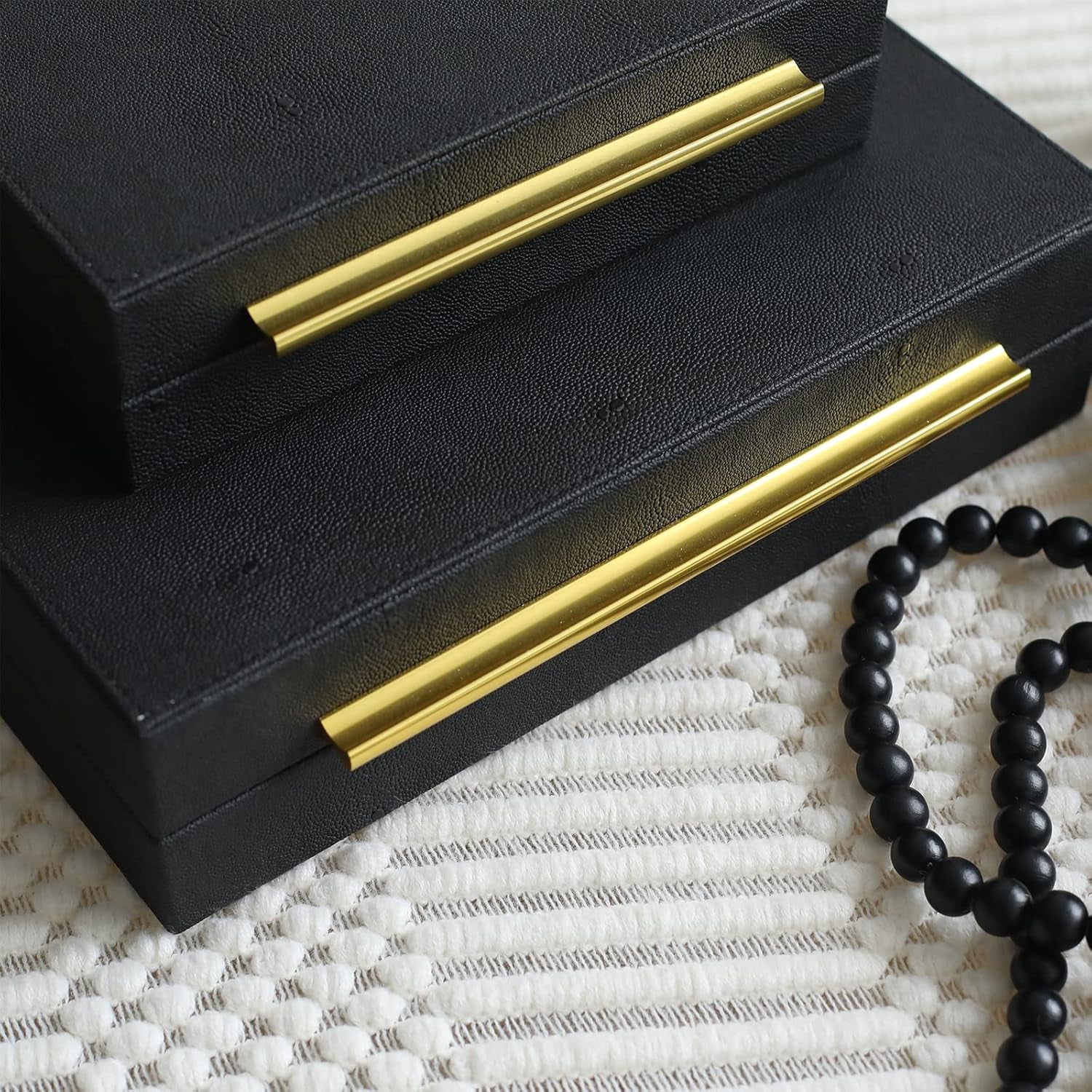 faux-shagreen-decorative-stackable-jewelry-storage-boxes-set-of-3-black-jewelry-organizers-with-gold-metal-handles-velvet-lining-modern-black-box-for-vanity-entryway-coffee-table-decor