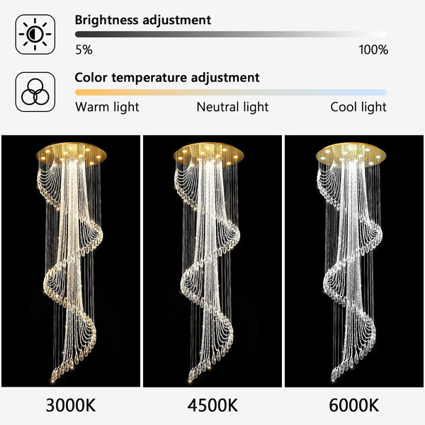 D32 X H100 Modern Crystal Chandelier for Foyer Glam Chandelier High Ceiling Chandeliers Large Raindrop Pendant Lights LED Dimmable Light Fixtures for Staircaes Living Room Entryway Gold3