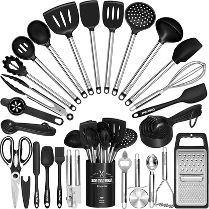 Thickened Kitchen Utensils Set- Silicone Cooking Utensils Set for Nonstick Cookware-Silicone Spatulas Set, Heavy Duty Stainless Steel Handle-Black Kitchen Gadgets Tools Set1