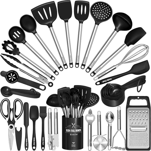 Thickened Kitchen Utensils Set- Silicone Cooking Utensils Set for Nonstick Cookware-Silicone Spatulas Set, Heavy Duty Stainless Steel Handle-Black Kitchen Gadgets Tools Set1