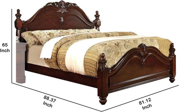 Traditional Style Eastern King Wooden Bed with Floral Carvings, Brown3