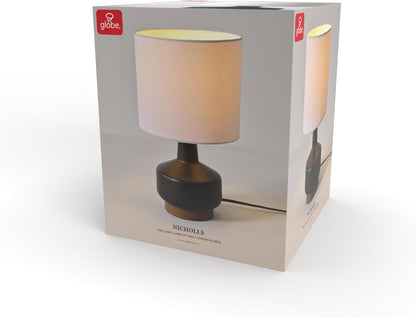 15" Ceramic Table Lamp, Matte Black Base, Wood-Toned Accent, White Linen Shade, Dual Rotary Switch, Modern Bedroom or Office Lighting, 610000468