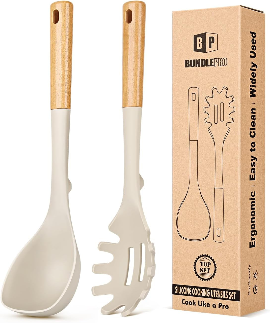 silicone-soup-ladle-and-spaghetti-spoon-set-with-wooden-handle-non-stick-heat-resistant-kitchen-utensils-for-cooking-stirring-serving-pasta-soup-saucekhaki