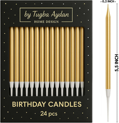 Gold Birthday Candles with Holders, 24 Pack – Long Thin Metallic Cake Candles for Birthday, Cupcakes & Party Decorations4