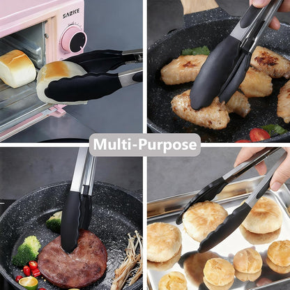 Kitchen Tongs for Cooking with Non-Stick Silicone Tips, 600°F Heat Resistant Silicone Cooking Food Tong Set Heavy Duty Stainless Steel Handle for Baking Grilling BBQ Salad Serving, 9" and 12"5
