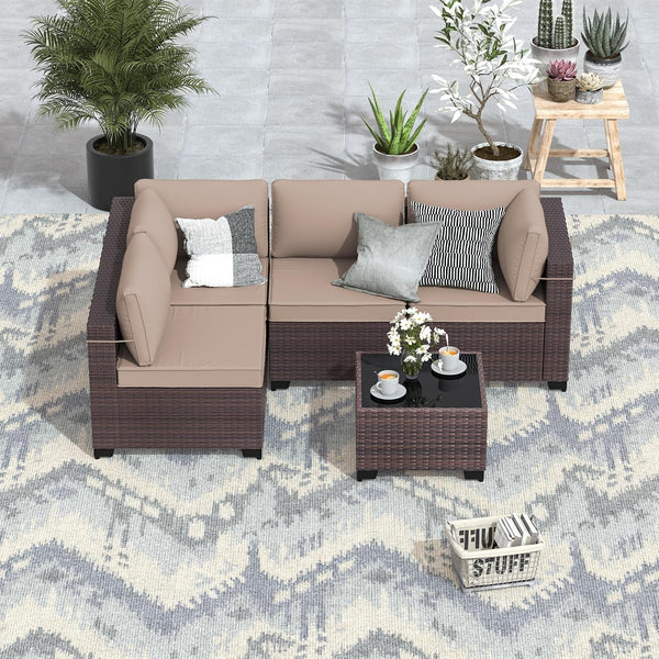 5 Pieces Patio Furniture Set Wicker Patio Conversation Set, Outdoor Sectional Furniture W/Coffee Table & Washable Seat Cushions-Sand3