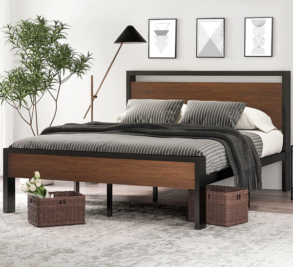 14 Inch Full Size Metal Platform Bed Frame with Wooden Headboard and Footboard, Mattress Foundation, No Box Spring Needed, Large under Bed Storage, Non-Slip without Noise, Walnut1