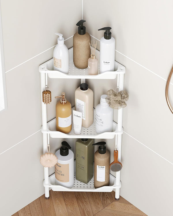 Rustproof 3 Tier Floor Standing Corner Shower Caddy Organizer, Plastic Aluminium Splicing Floor Corner Shelf Rack Stands for Bathroom, White9