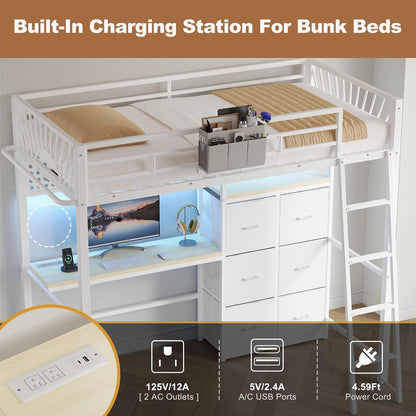 Twin Loft Bed with Desk and 6 Storage Drawers, Metal Twin Size Loft Beds with Charging Station & LED Lights, Bed Frame with Hanging Rod, Safety Ladder & Guardrail, Bedside Caddy for Kids, Teens5