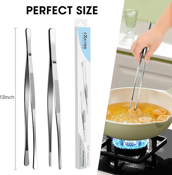 2 Pcs 12-Inch Stainless Steel Kitchen Utensils, Cooking Tongs, Kitchen Tweezers for Cooking, Camping Cooking Essentials4