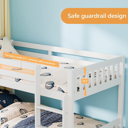 Solid Wood Low Twin over Twin Bunk Bed for Kids/Junior, Bunk Bed Frame with Guardrails & Ladder for Boys Girls, No Box Spring Needed (White)5