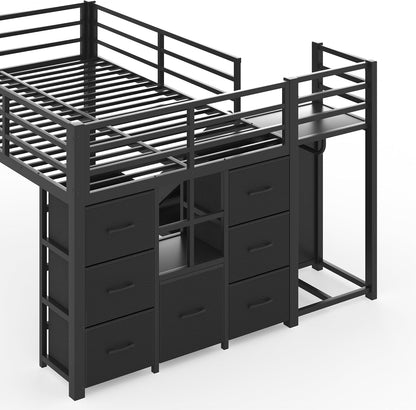 Twin Low Loft Bed with Slide and LED, Storage Drawers and Hanging Area, 2 Assembly Methods, Black8