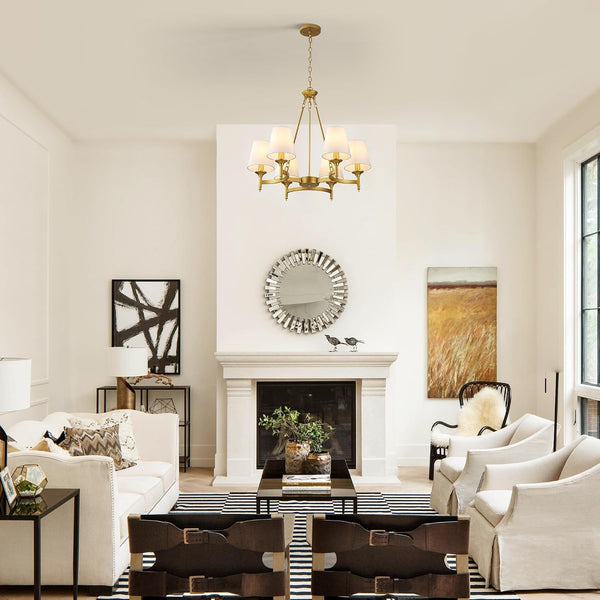 Gold Farmhouse Chandelier, 27.2" 6-Light round Pendant, White Fabric Shades4