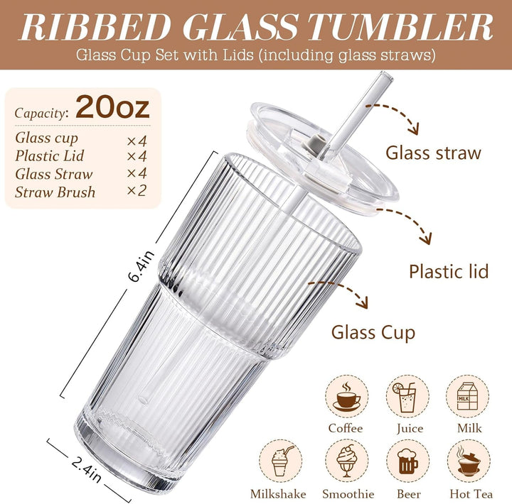 Iced Coffee Cups with Lids: Coffee Bar Accessories - Ribbed Glass Tumbler with Straw and Lid 4Pcs - 20Oz Leak Proof Tumbler - Reusable Glass Cups and Tumblers with Lid and Straws for to Go Iced Coffee+2