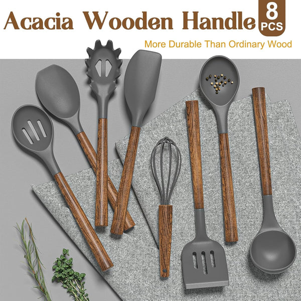 Silicone Cooking Utensil Set, 8-Piece Kitchen Utensils Set with Natural Acacia Wooden Handles,Food-Grade-Silicone Kitchen Gadgets and Spatula Set for Nonstick Cookware - Grey5