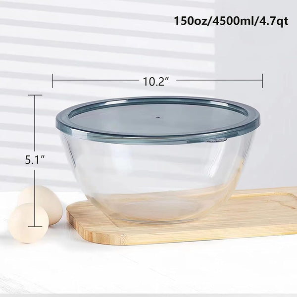 4.7QT Large Glass Mixing Bowl with Lid, Clear Glass Salad Cooking Bowls for Sourdough, Salad and Storage Prepping and Baking Food Storage Set2