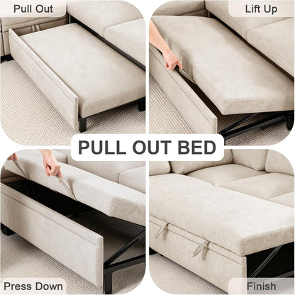 85 Inch Modular Sectional Sleeper Sofa with Pull Out Bed,L Shaped 5 Seat Sectional Couch with Storage, Modern Chenille Cloud Couch, Convertible Sectional Couches for Living Room, Apartment, Beige5