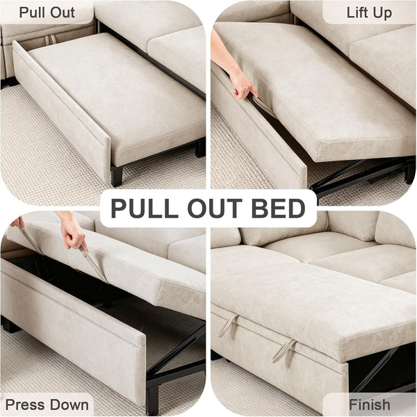 85 Inch Modular Sectional Sleeper Sofa with Pull Out Bed,L Shaped 5 Seat Sectional Couch with Storage, Modern Chenille Cloud Couch, Convertible Sectional Couches for Living Room, Apartment, Beige5