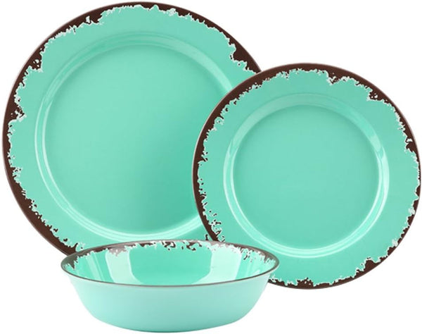 Rustic Melamine Dinnerware Set,12Pcs Plates and Bowls Sets-Green1