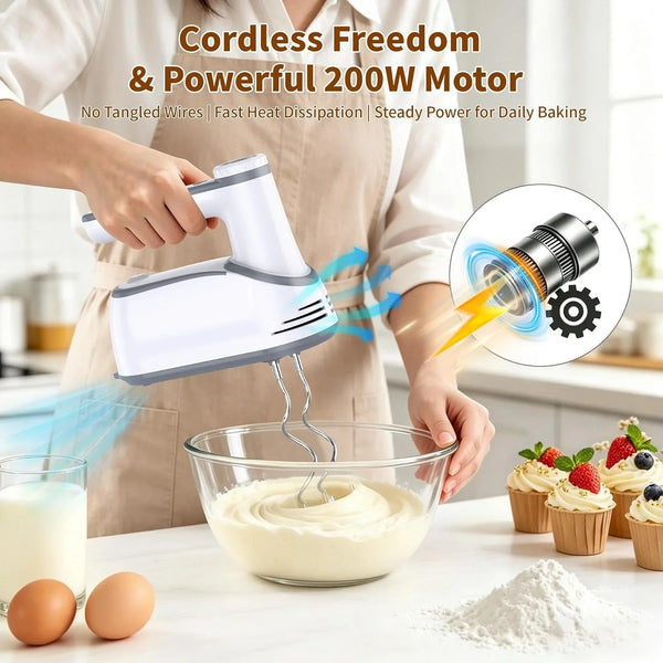 Cordless Electric Hand Mixer, 12-Speed with Storage Case, White | Rechargeable, Eject Button, LED, Self-Stand, 6×304 Stainless Attachment, Overheat Protection, Quiet for Baking Dough Cake Egg2