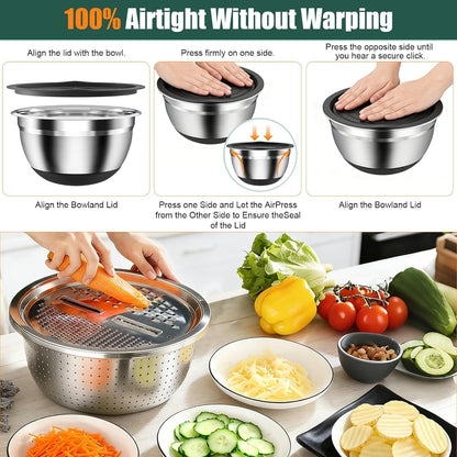 Stainless Steel Mixing Bowls Set with Lids & Silicone Base,7‑Piece Set7
