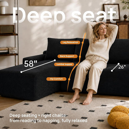 Black 96.9 Inch Right Chaise Sectional Sofa, Boneless Corduroy Cloud Couch with Spring Coils & High-Resilience Foam, Deep Seat Oversized Compact Living Room Set, No Assembly, Stain-Resistant Fabric7