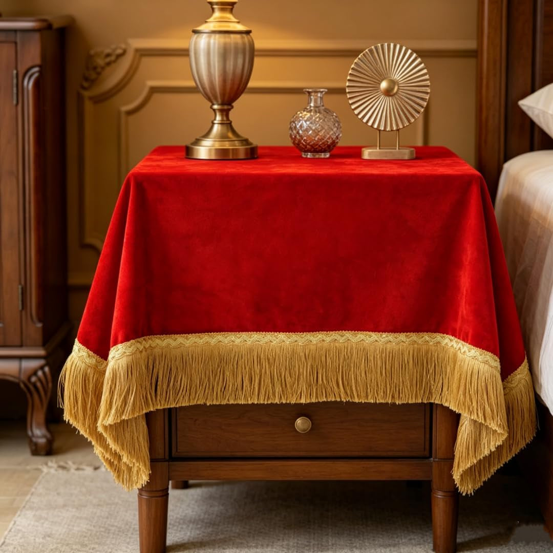 luxury-red-velvet-nightstand-cover-with-gold-tassel-fringe-decorative-bedside-table-cloth-dust-proof-dresser-scarf-for-bedroom-nightstand-side-table-dresser-home-decor-36-x-36-inch