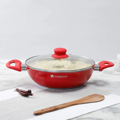 Royal Velvet Non-Stick, Pfoa-Free and Nickel-Free Aluminum Indian Chinese Cuisine Stir Fry Wok with Lid; 26Cm: Red2
